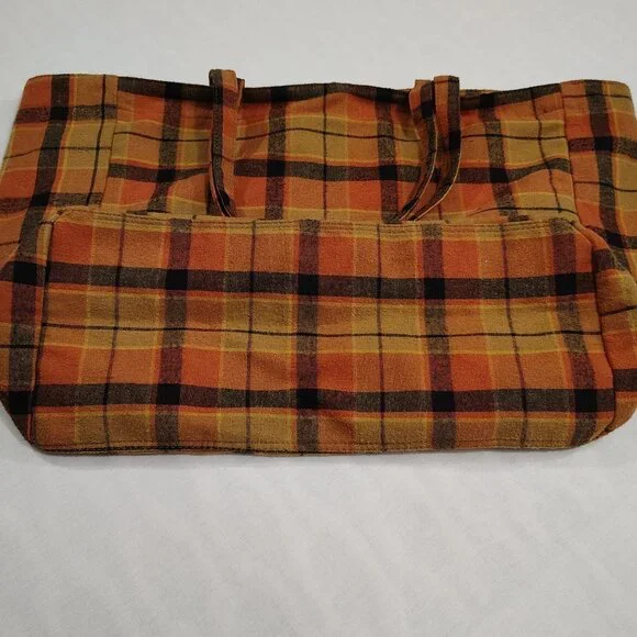 Maurices Plaid Flannel Tote Bag Button Closure Front Pocket Striped Lining - Picture 15 of 16